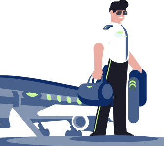 Illustration of a professional man standing beside a private jet for private aircraft insurance