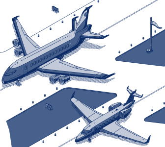 Illustration of a professional man standing beside a private jet for private aircraft insurance