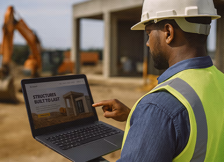 Construction worker wearing a hard hat and safety vest using a laptop at a building site with construction equipment in the background.