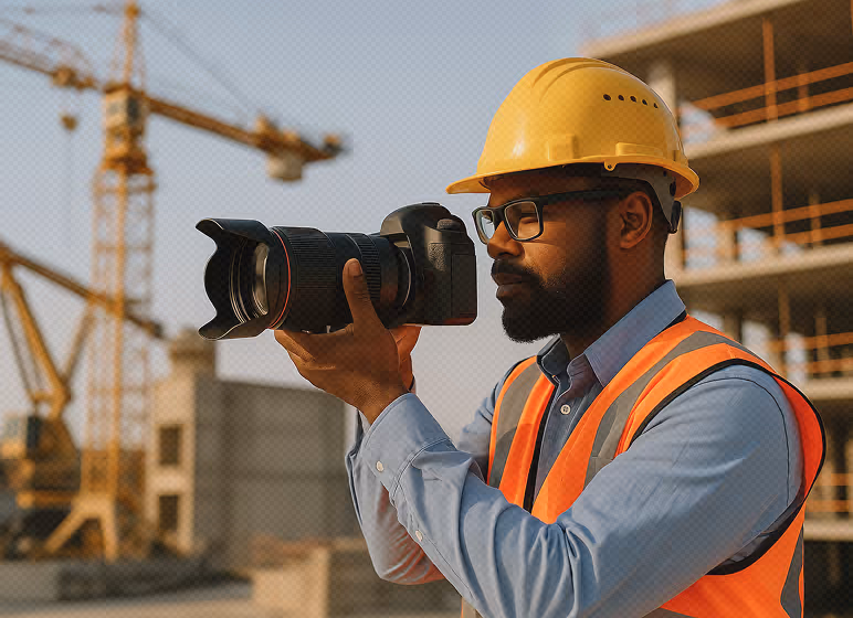 Construction worker wearing a yellow hard hat and orange safety vest taking a photo with a professional camera at a building site.