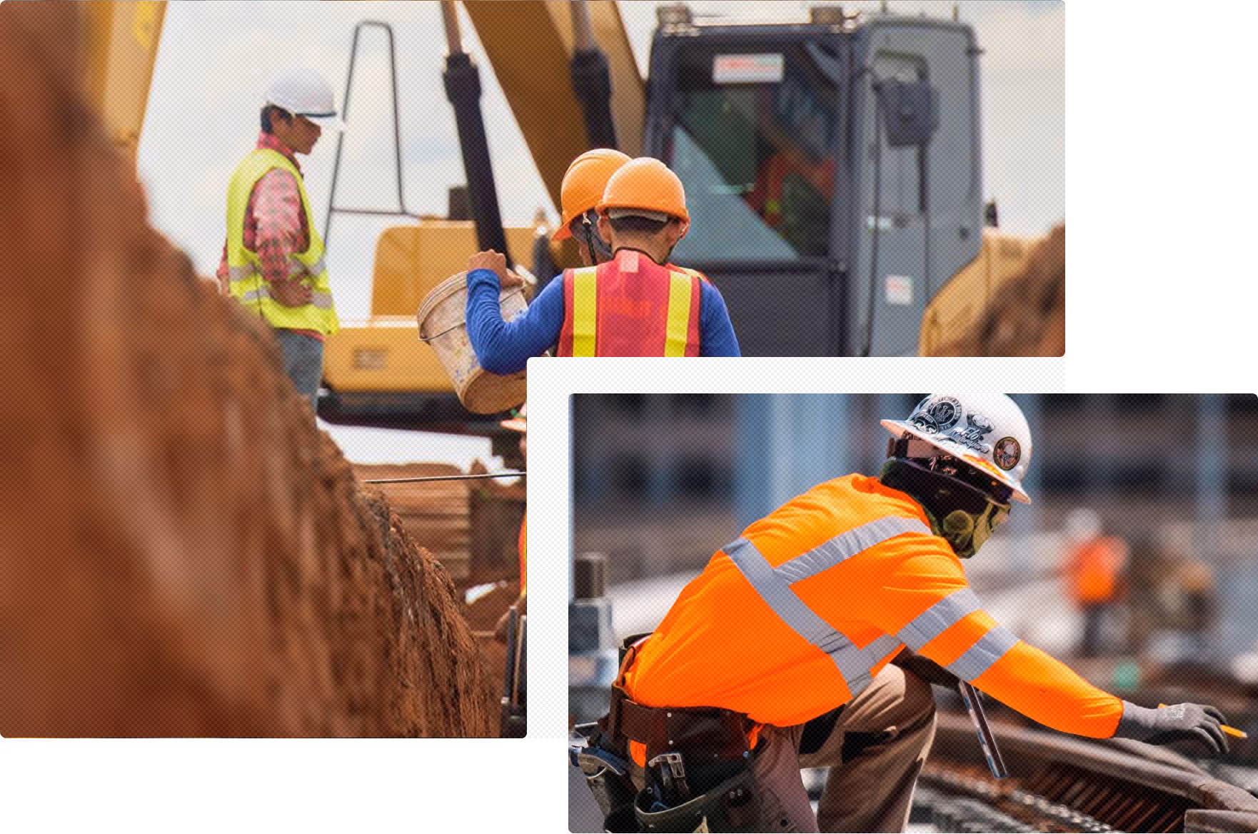 Construction workers in safety vests and helmets working on site with machinery and tools.