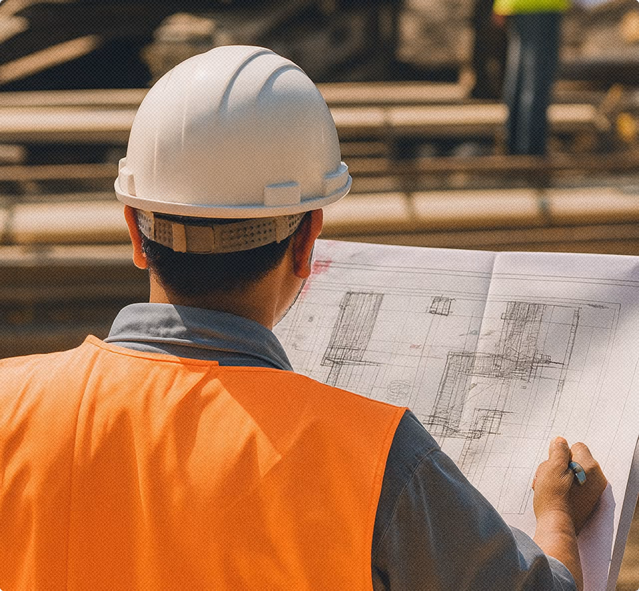Construction worker wearing a white hard hat and orange safety vest reviewing architectural blueprints at a building site.