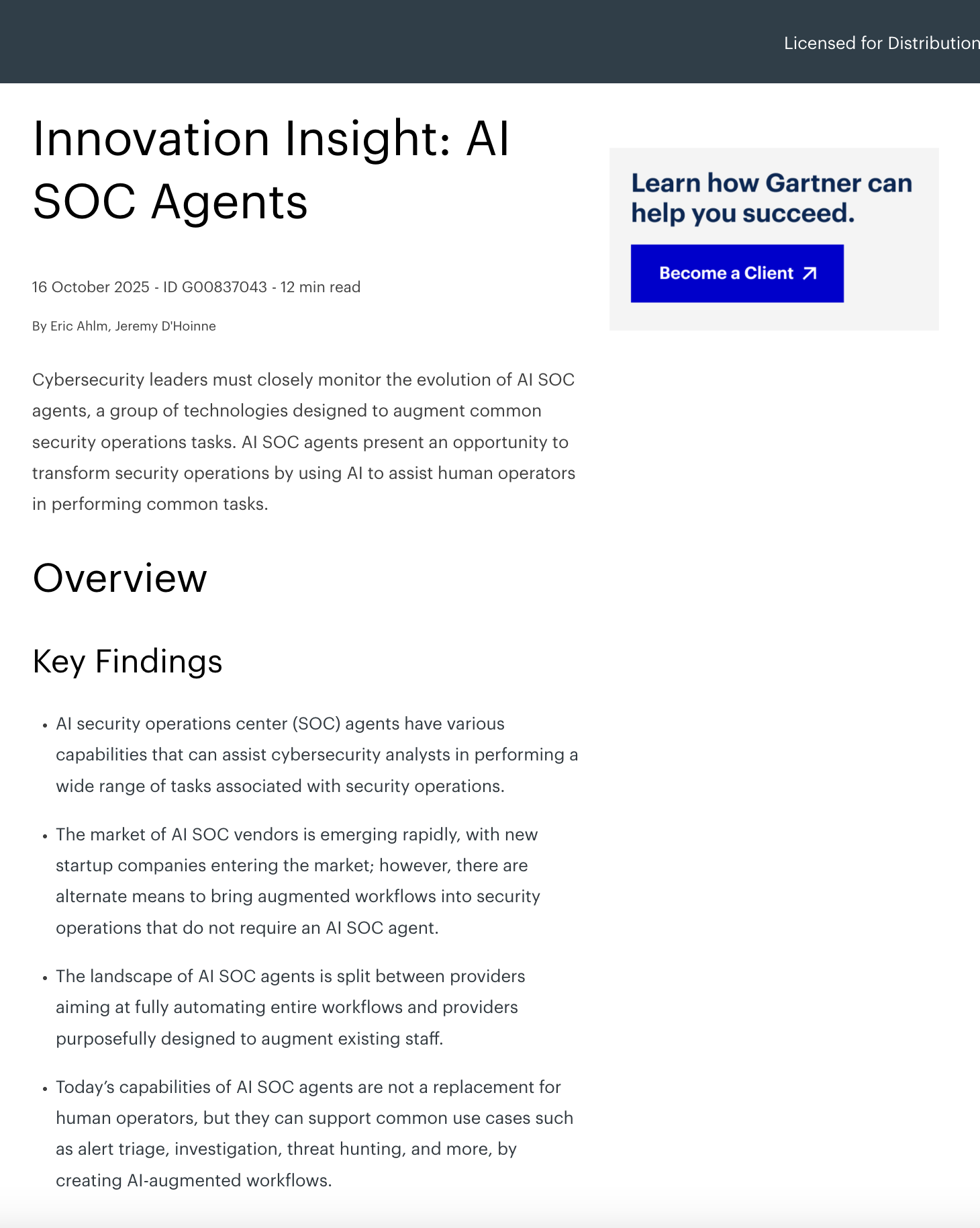 Gartner Report: Innovation Insights - AI SOC Agents