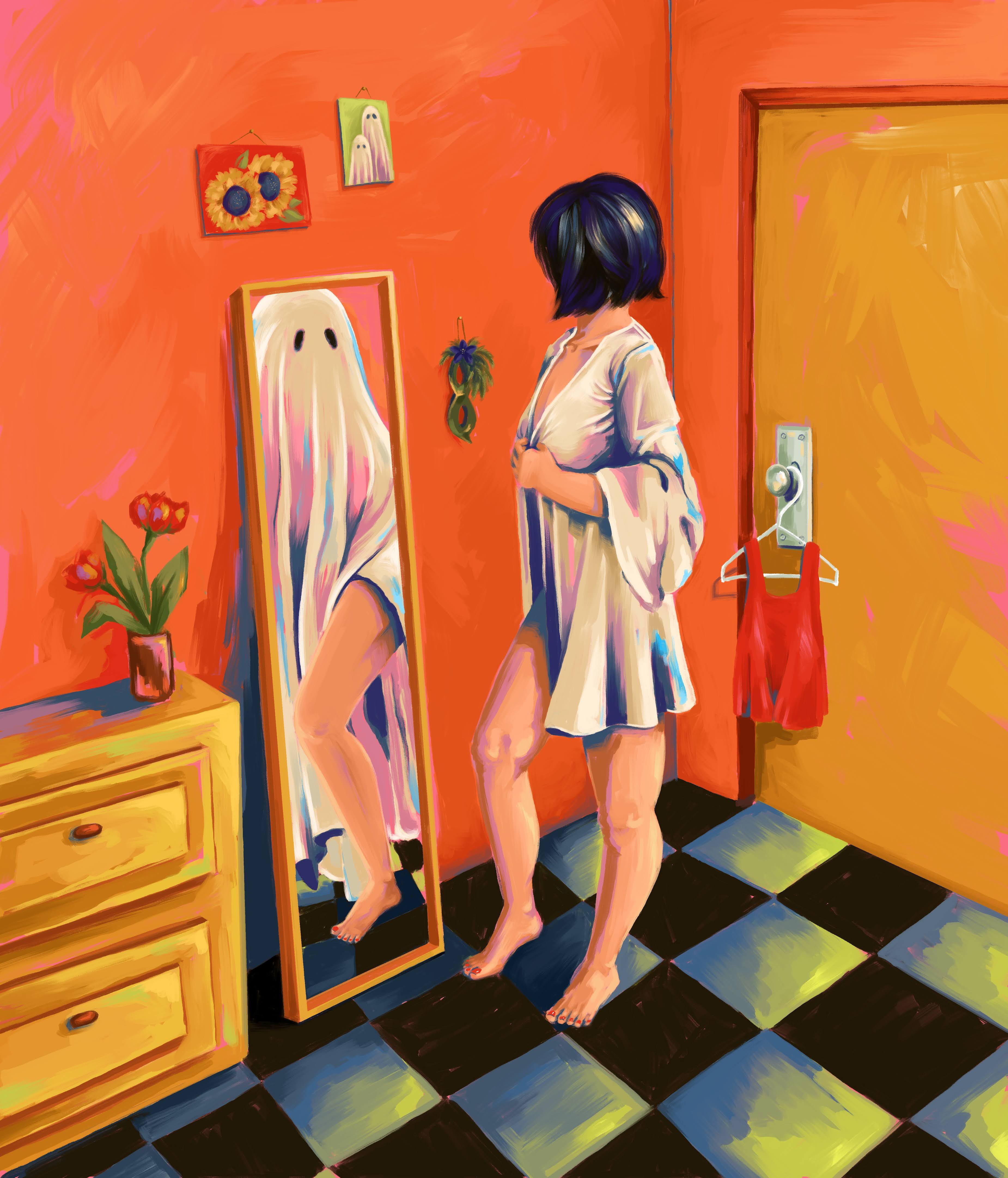 A woman in a robe looks in the mirror in her bedroom, and the reflection is a ghost. 