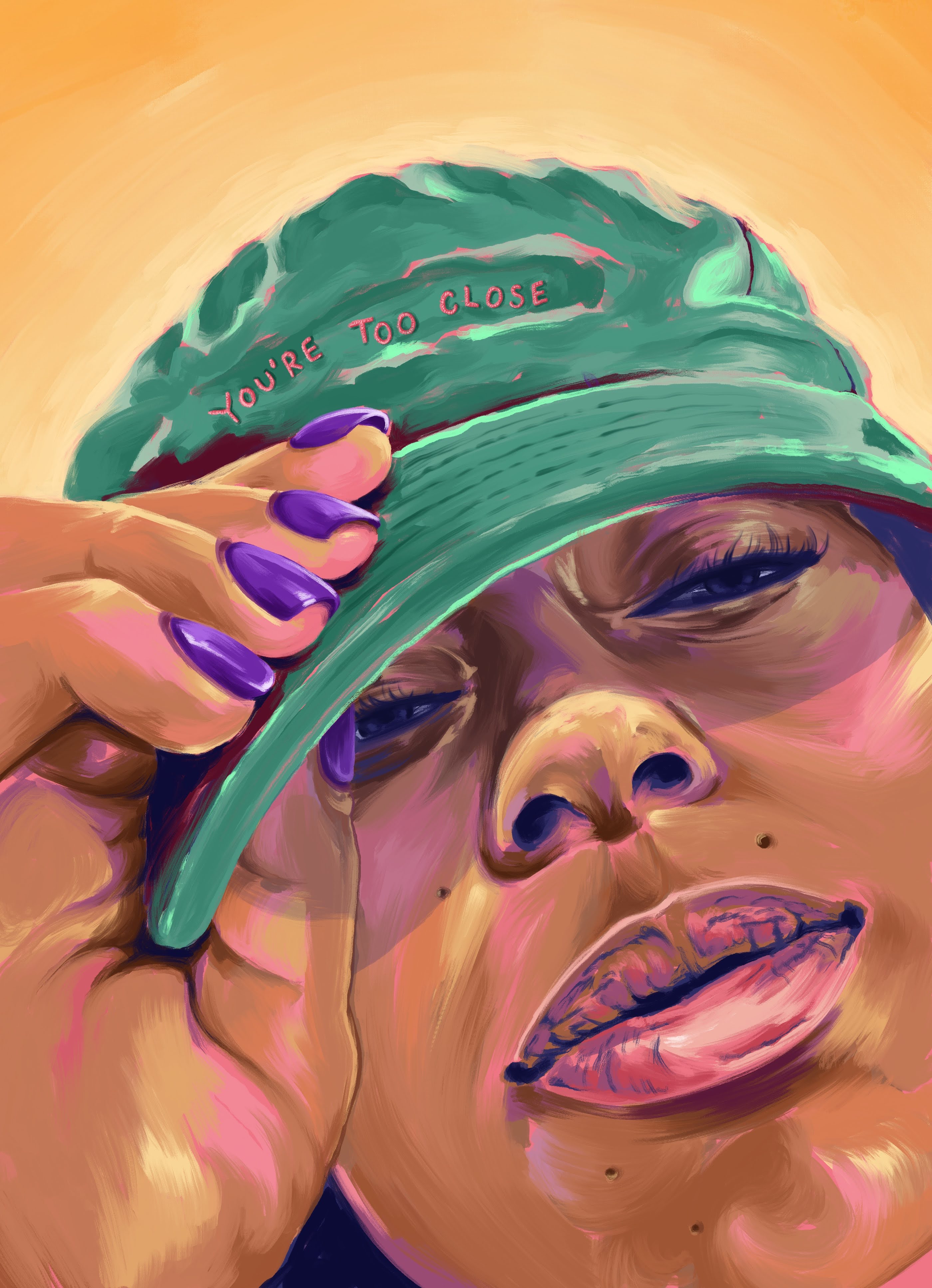 Woman tilts her cap which reads "You're Too Close."