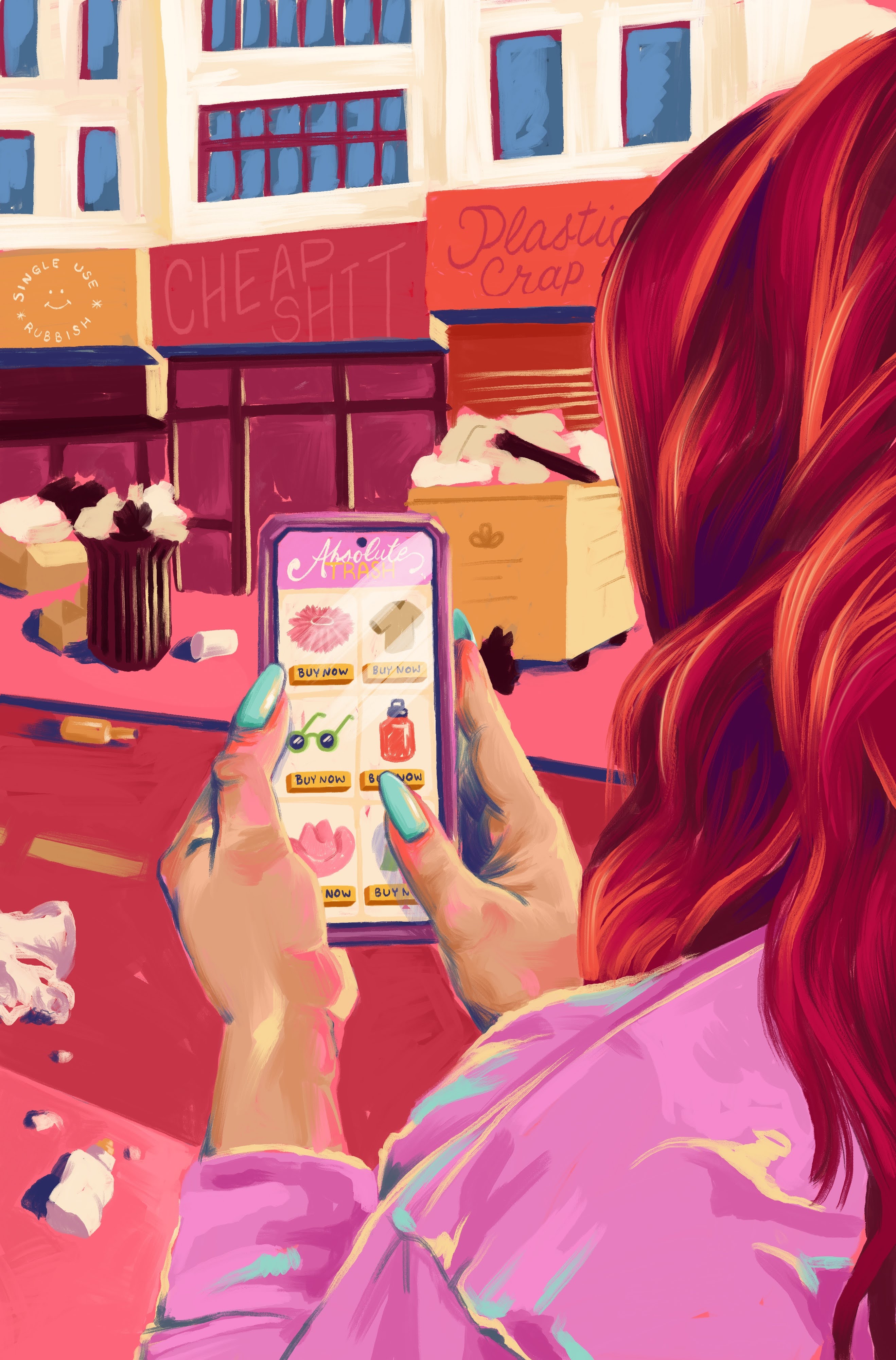 Black Friday. Illustration of a person online shopping while surrounded by trash. 