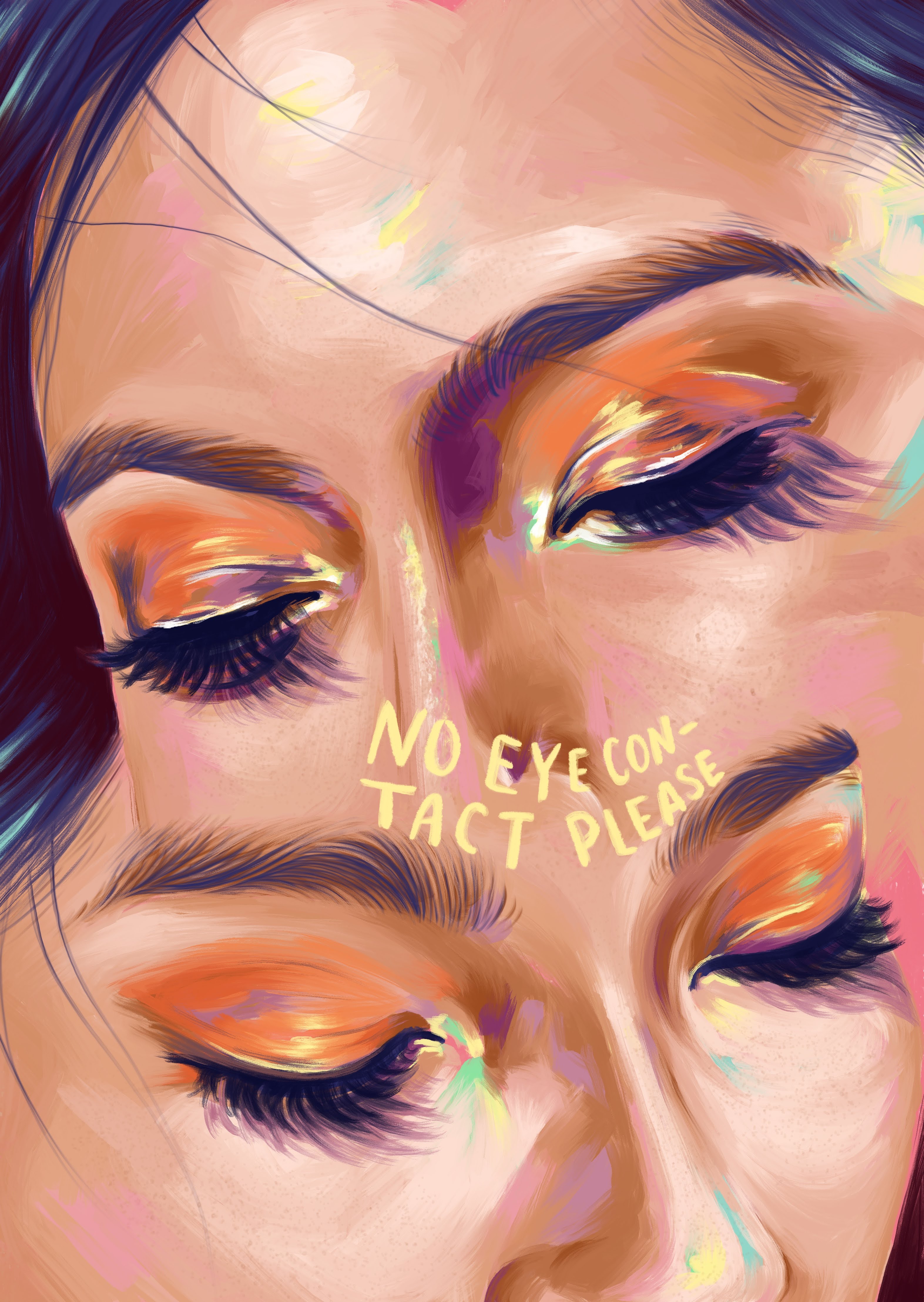 Downcast eyes with No Eye Contact Please written over top. 