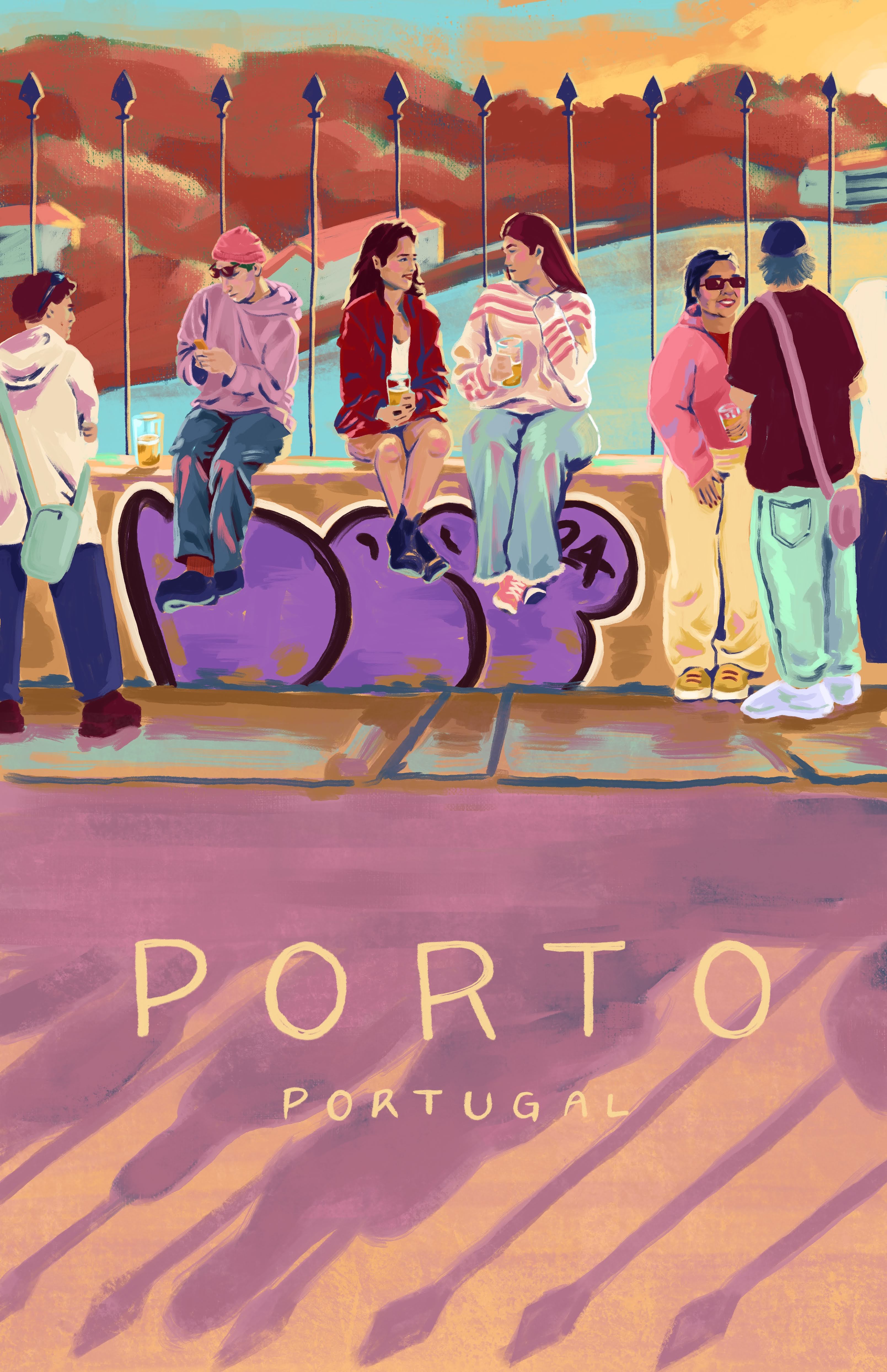 Illustration of Porto, Portugal, at sunset. 