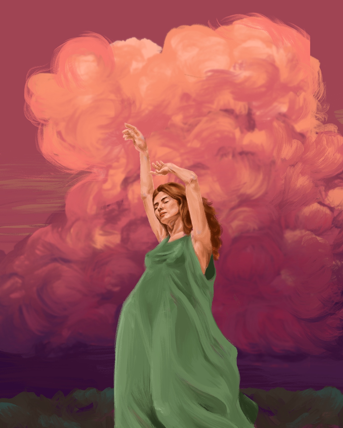 Illustration of a woman dancing in a thunderstorm. 
