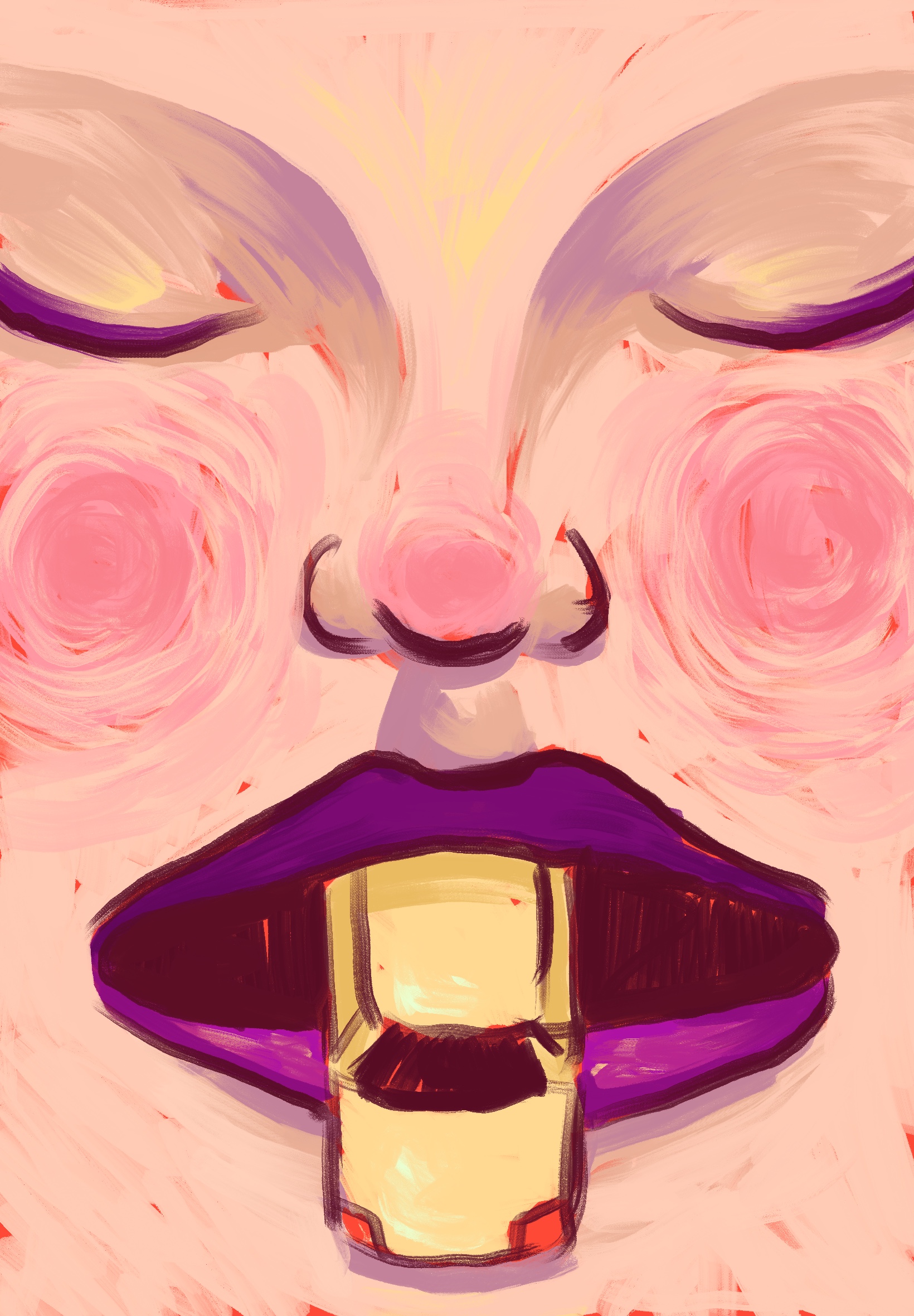 Illustration of purple lips devouring a yellow car. 