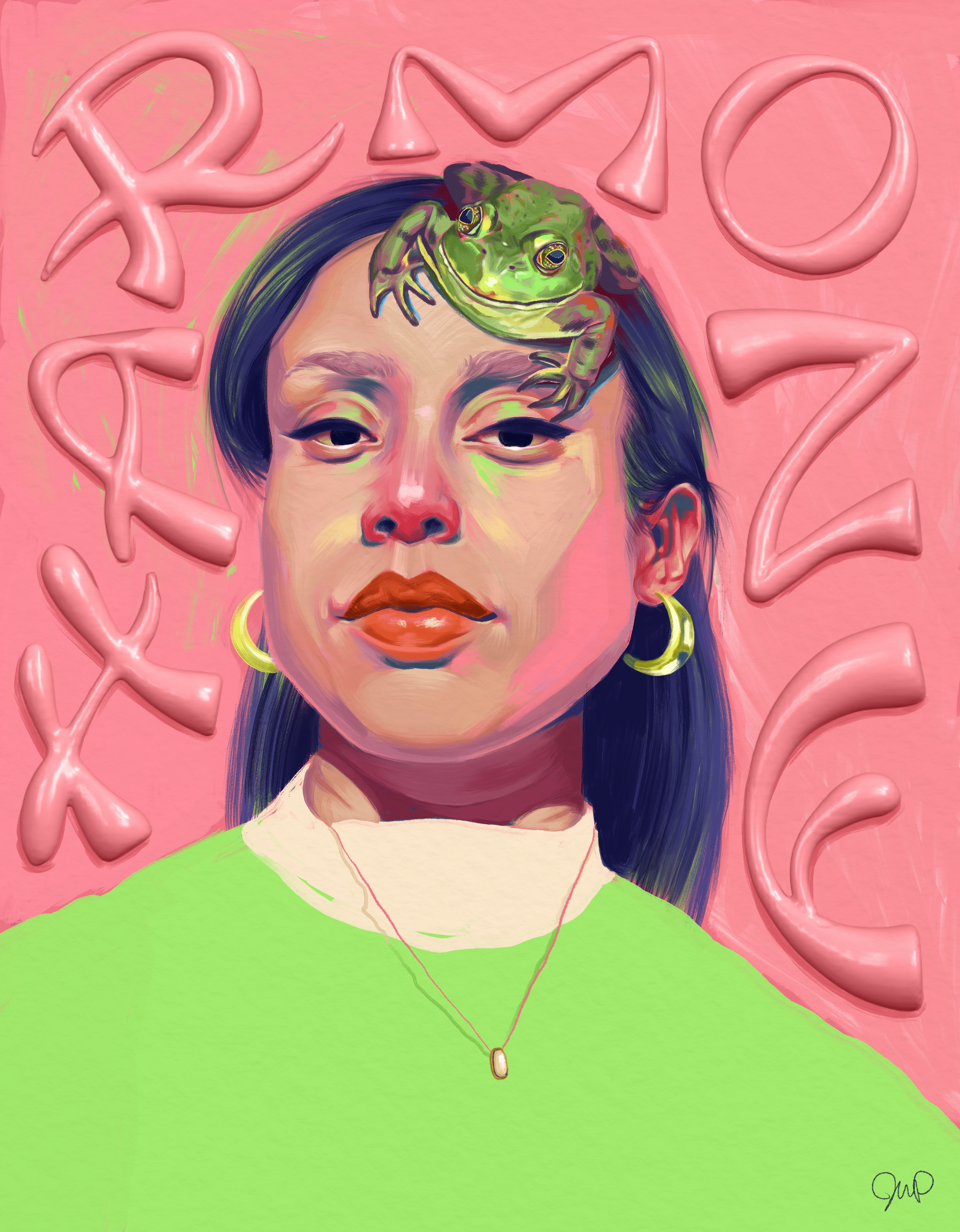 Illustration of a frog on a woman's head, with 3D text behind reading Harmony. 