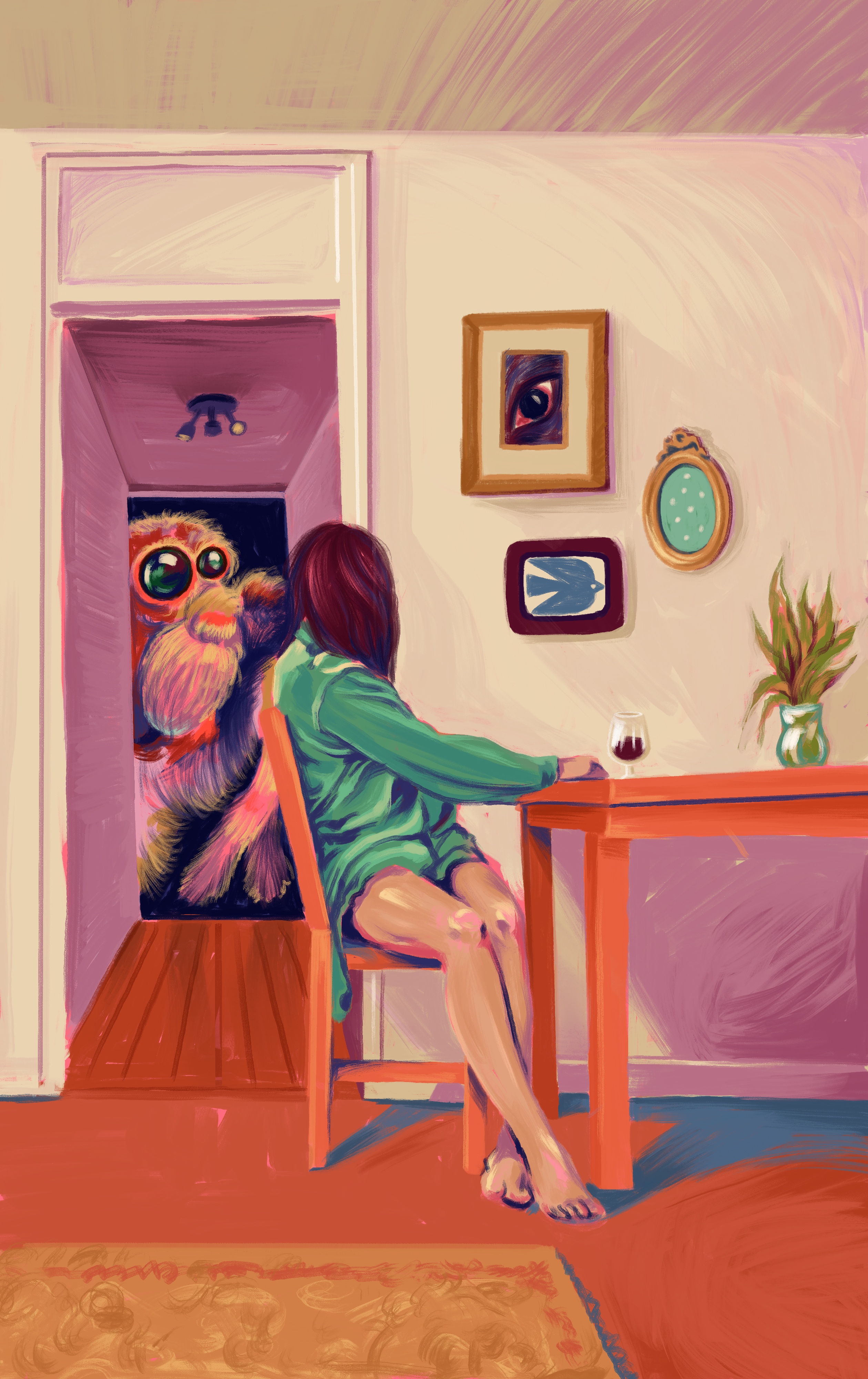 Illustration of a spider at the door. 