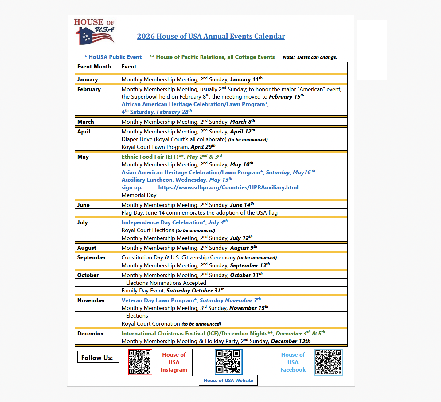 2026 Calendar of Events