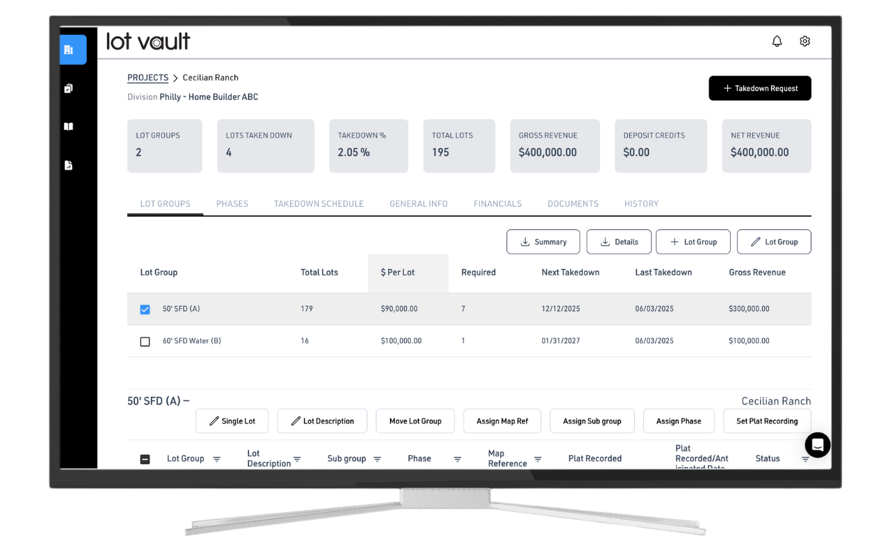 Active Projects screen in Lot Vault