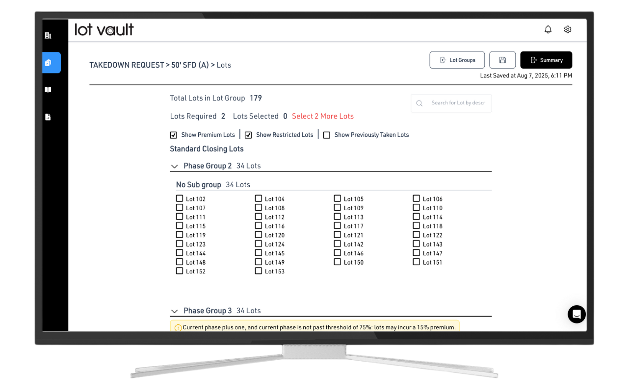 Lot Takedown Request screen in Lot Vault