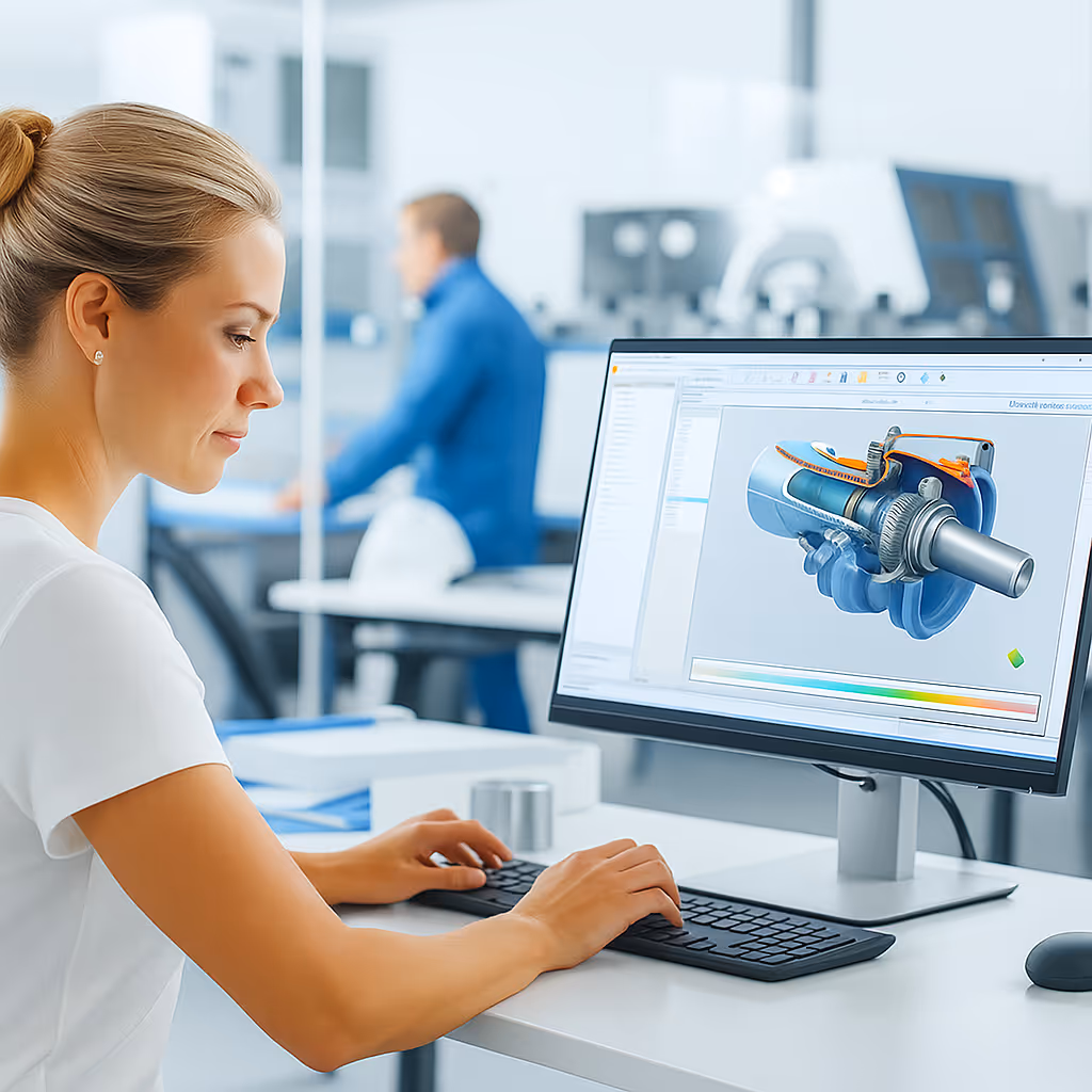 smart blonde in short sleeves solving problems on fusion 360