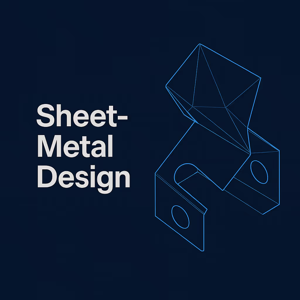 Wireframe illustration of a sheet metal part with the text 'Sheet-Metal Design' on a dark background.