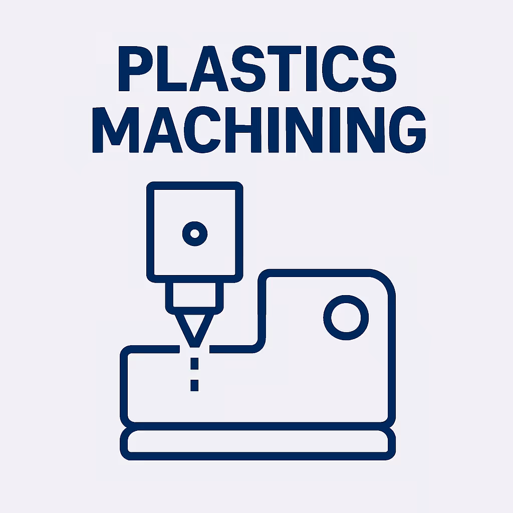 Icon of a CNC machine tool shaping a plastic part with the text Plastics Machining above.
