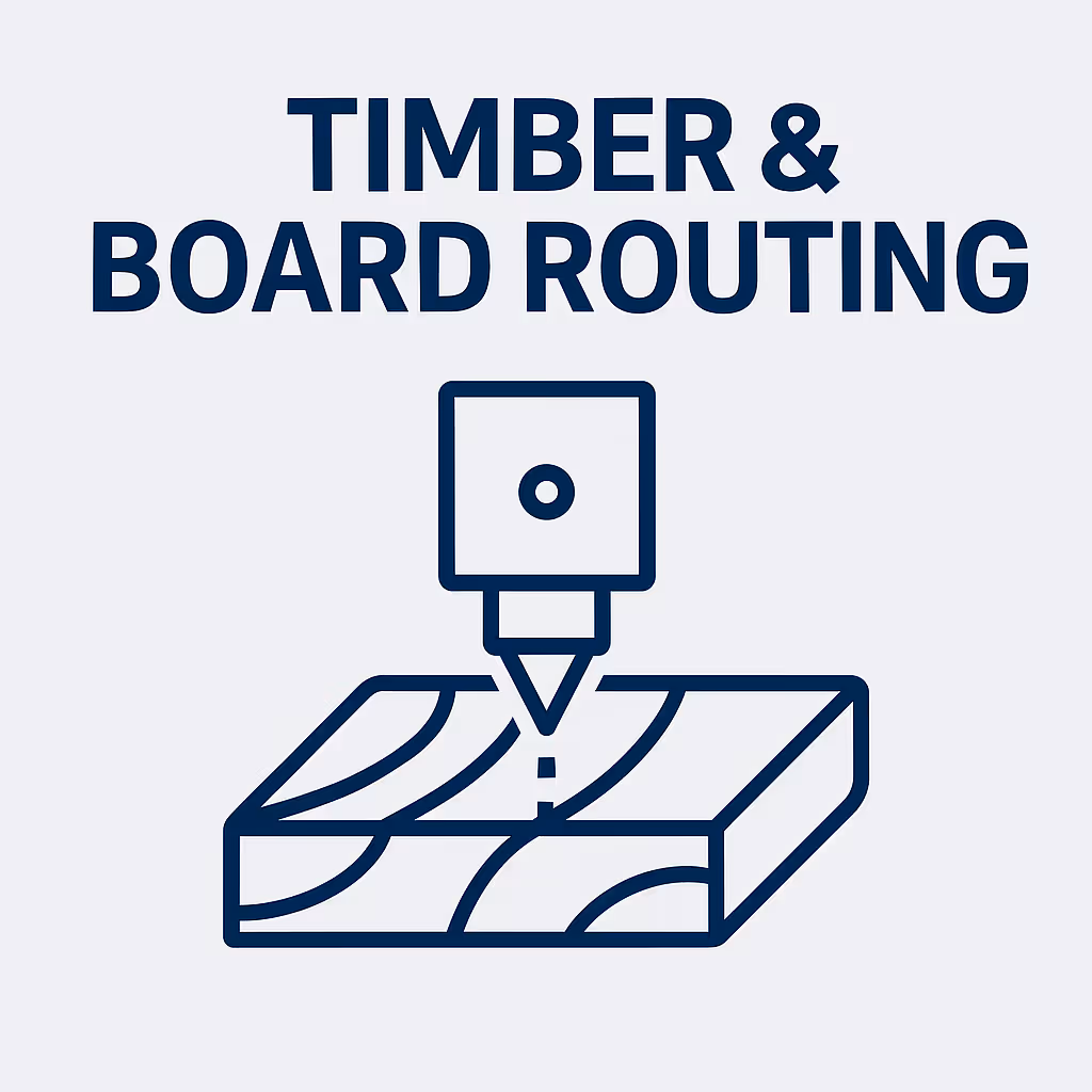 Icon of a routing tool cutting into a piece of timber with the text 'TIMBER & BOARD ROUTING' above.