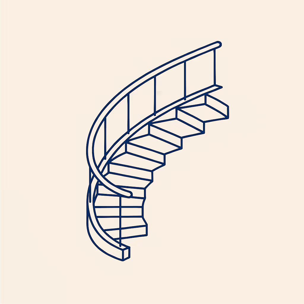Illustration of a curved staircase with a handrail and vertical balusters.