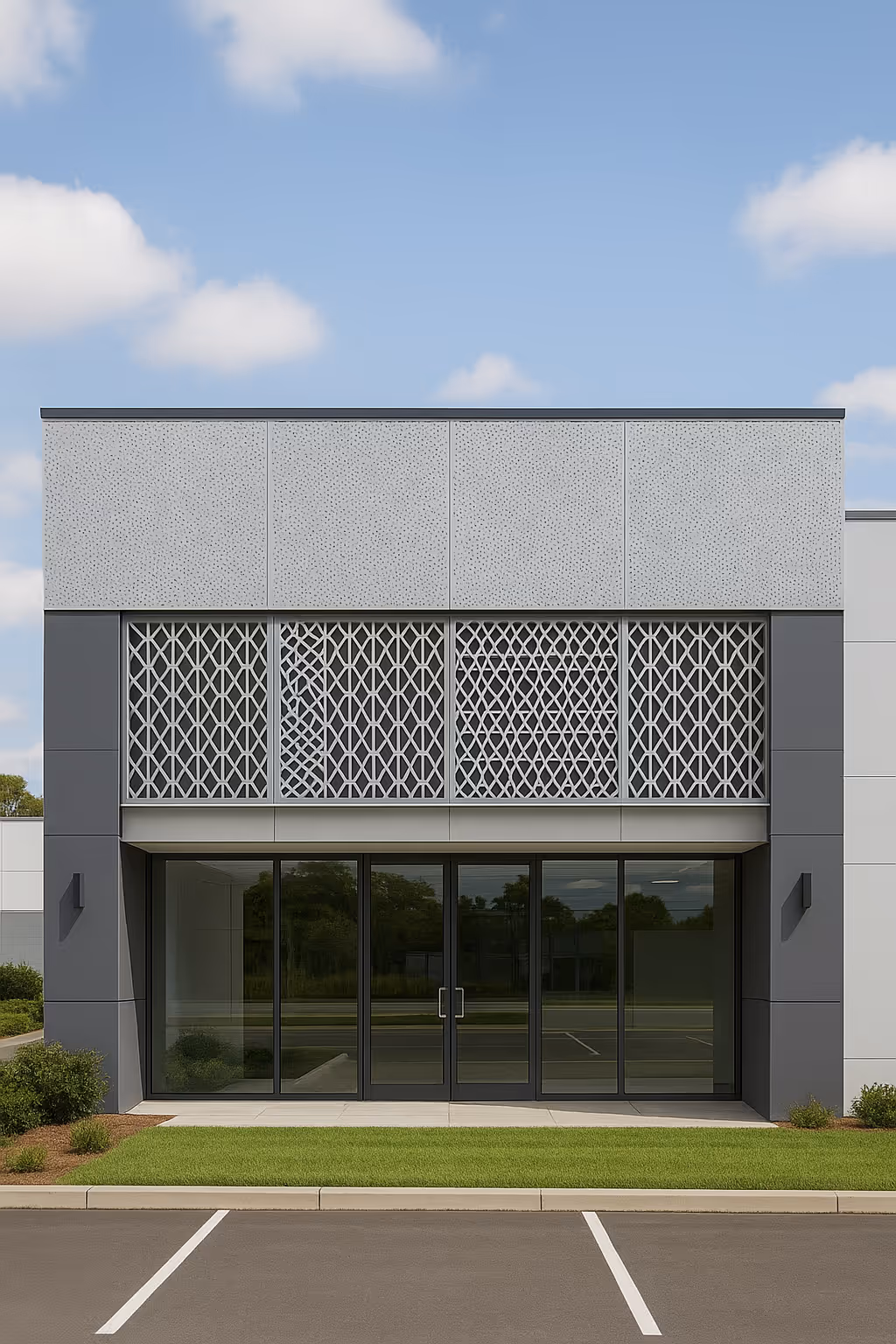 Modern commercial building entrance with glass double doors and patterned metal panels above.