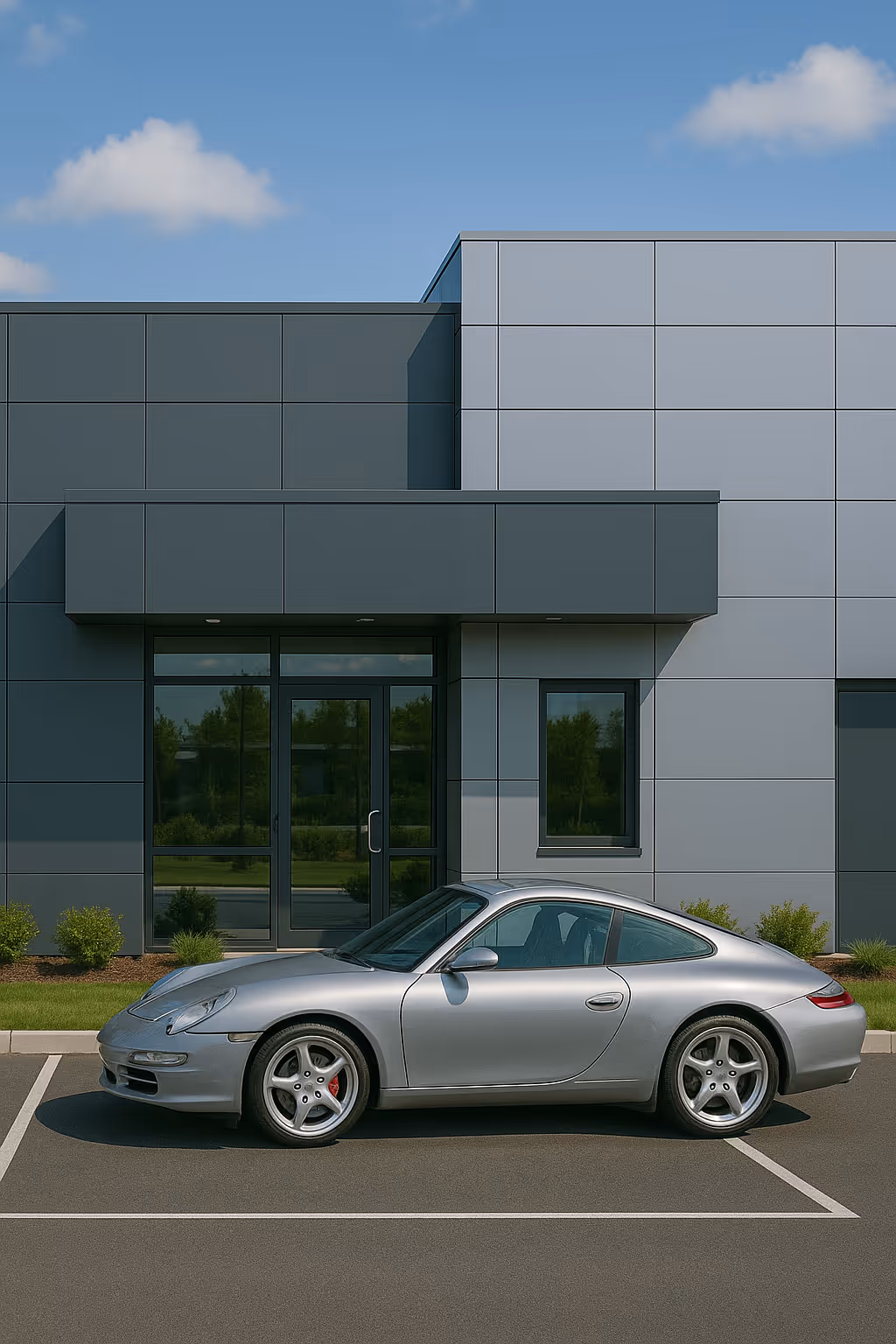 porsche 911 996 Silver sports car parked outside a modern building with grey panel exterior and large windows.