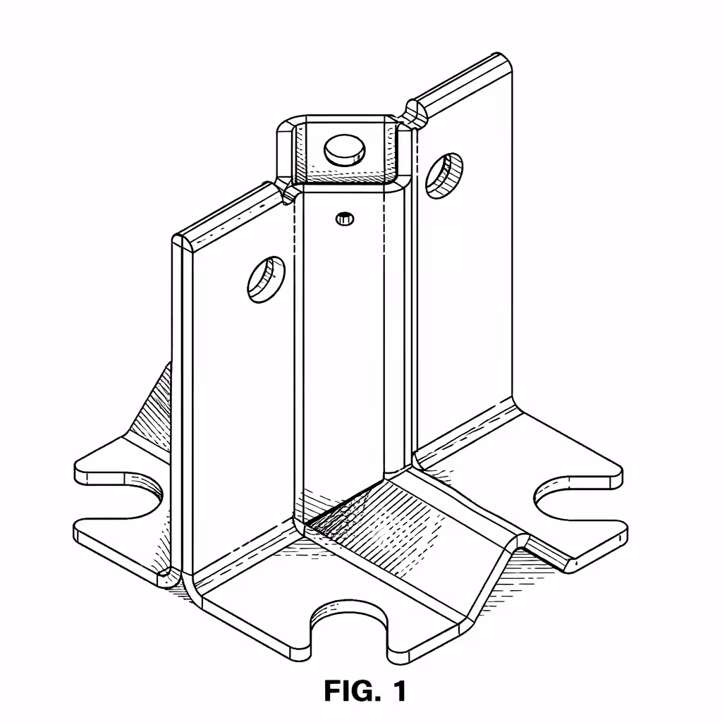 Technical line drawing of a metal bracket with multiple mounting holes and cutouts.