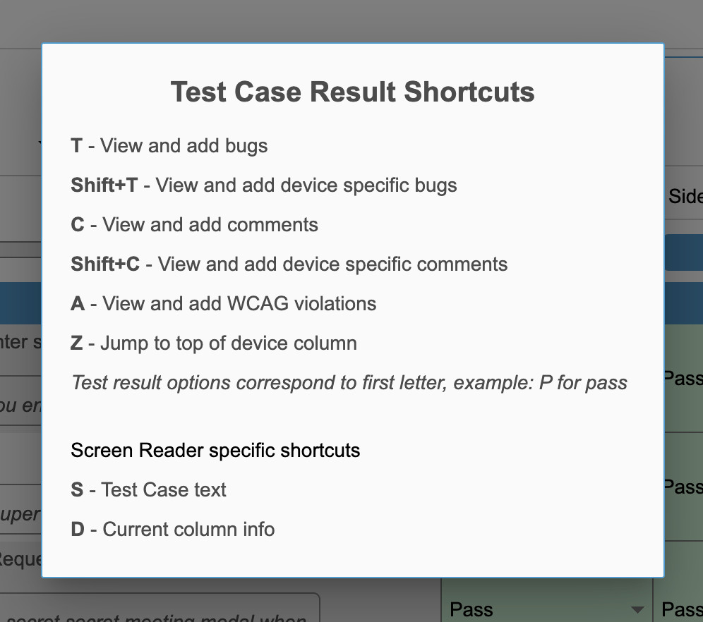 Modal displaying keyboard shortcuts