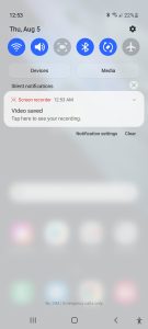 Screenshot of a notification from the Screen Recorder on Android 11 saying that a video was saved.