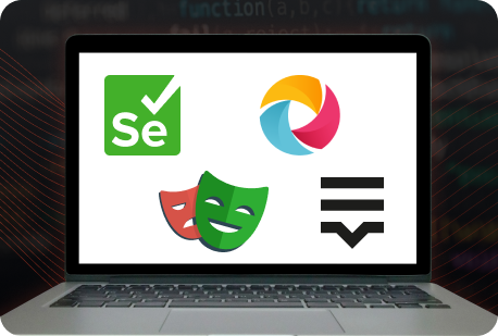 Laptop with logos for Selenium, Appium, Playwright, and Lokalise displayed on it