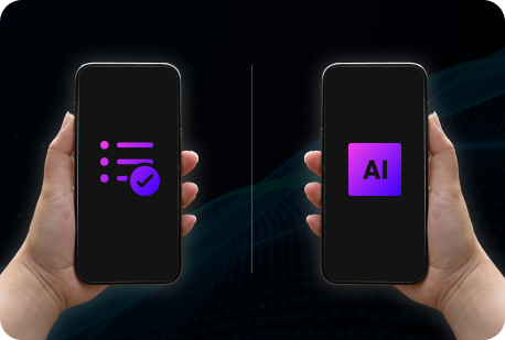 A hand holding a phone with an icon representing manual testing displayed next to a hand holding a phone with an icon representing AI