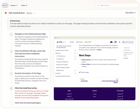 Preview of the Jetify platform describing a test scenario for a website