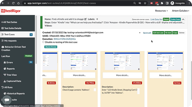 Preview of a test cases feature in TestRigor application