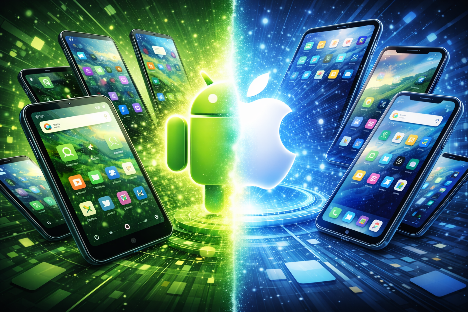 illustrated image of Android on the left with a green background and iOS on the right with a blue background