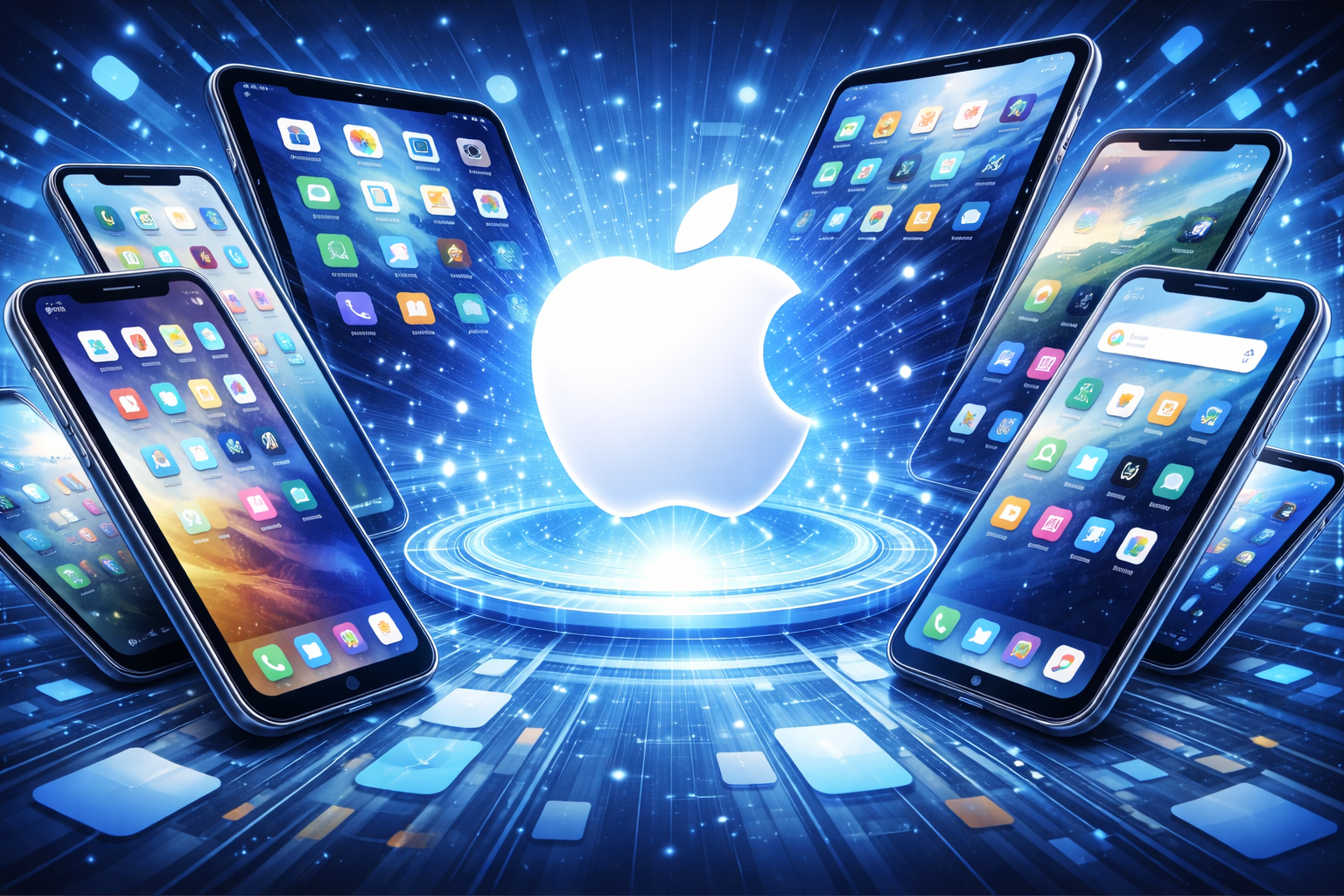 An abstract images of several iphone devices surrounding the apple logo with light emitting from the center