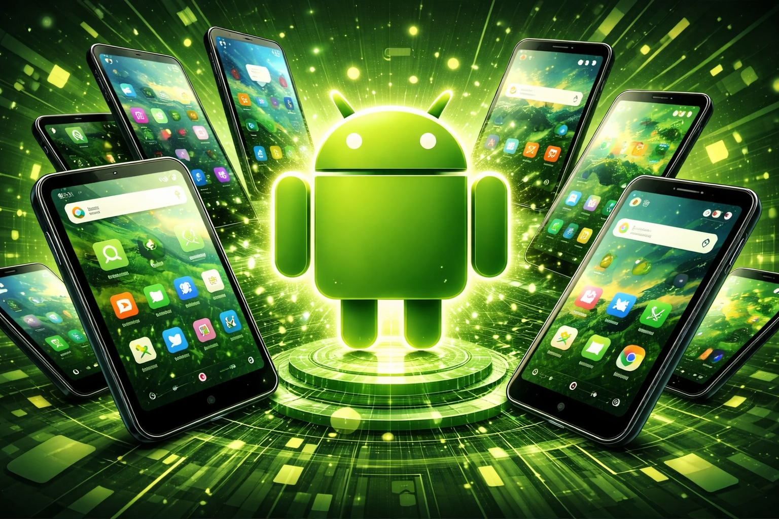 An abstract image displaying several android tablet and phone devices around the Android platform logo with light emitting from the center