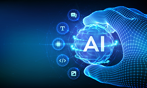 Stylized illustration of a hand grabbing a sphere with "AI" written on it, and additional spheres branched out from that with other icons in them