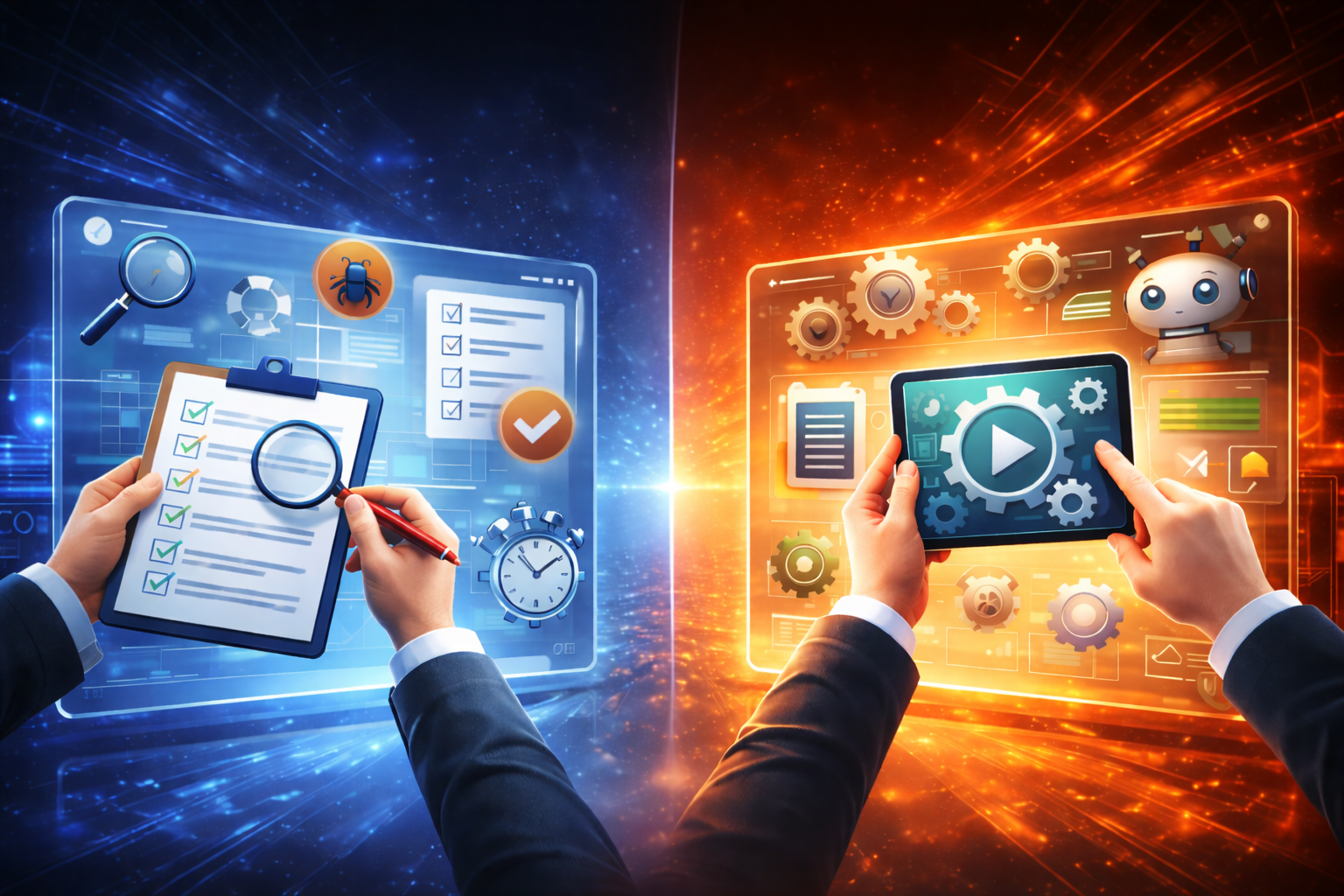 Stylized image showing different testing methods on left verses right. Left side shows hands holding a clipboard and magnifying glass with a blue background and icons to represent manual testing. Right side has an orange background with hands holding a tablet, and the background icons represent automated testing 