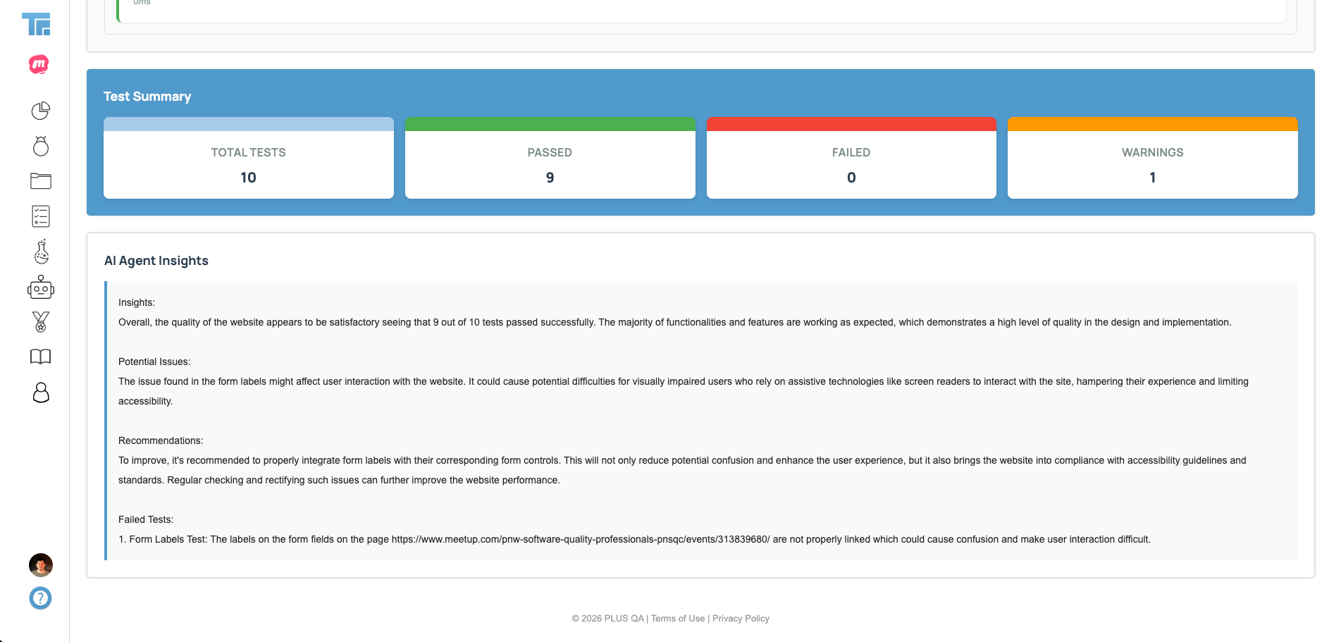 A screenshot of MAX AI's output in Test Platform