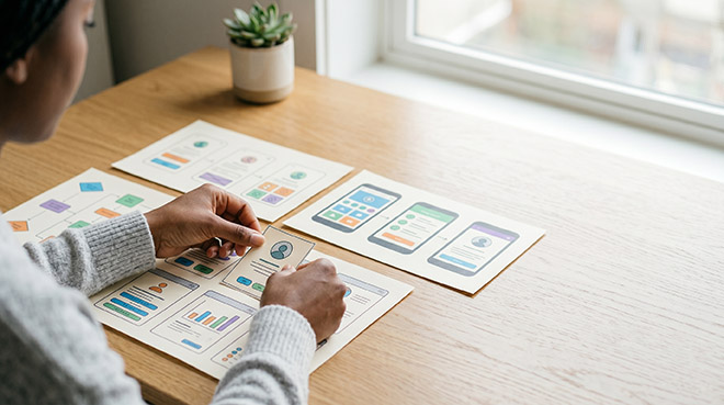 Woman sitting at table with papers that display graphs and graphics