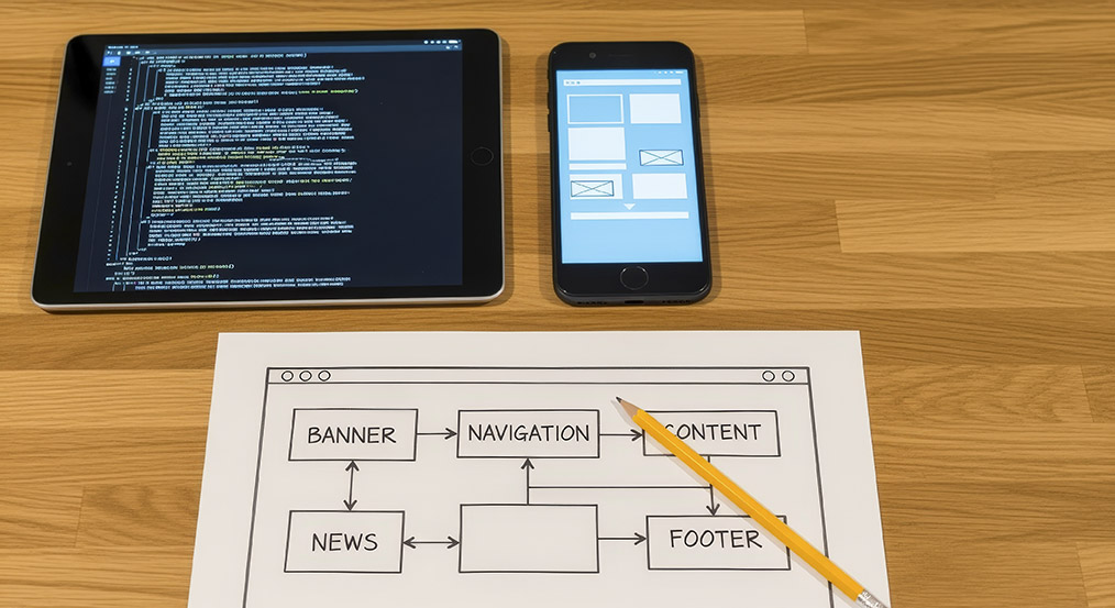 A tablet, mobile phone, and graphic of a browser window with a website's navigation flow chart displayed on a wooden surface