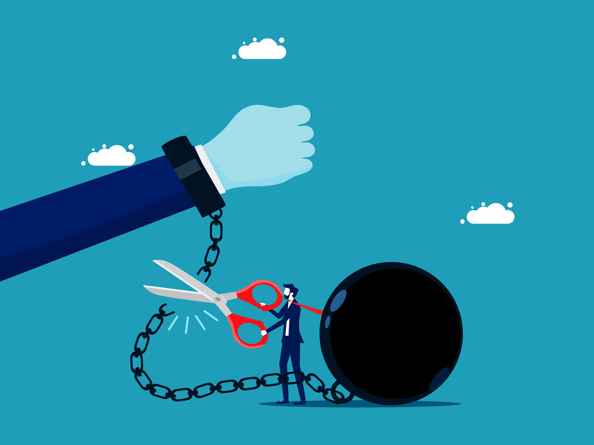 Stylized illustration of a large arm with a ball and chain. The chain is being cut by a miniture man, in a suit, with scissors