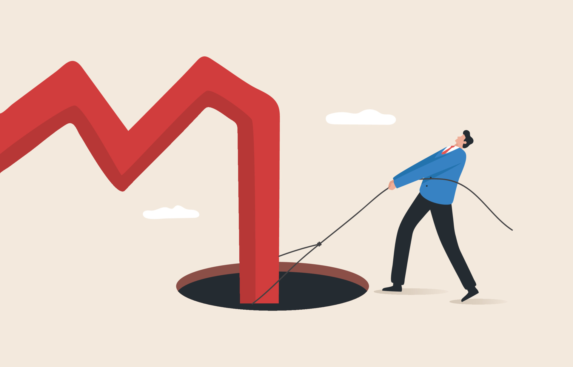 A stylized illustration of a business man with a lasso trying to pull a downward trend arrow out of a pit