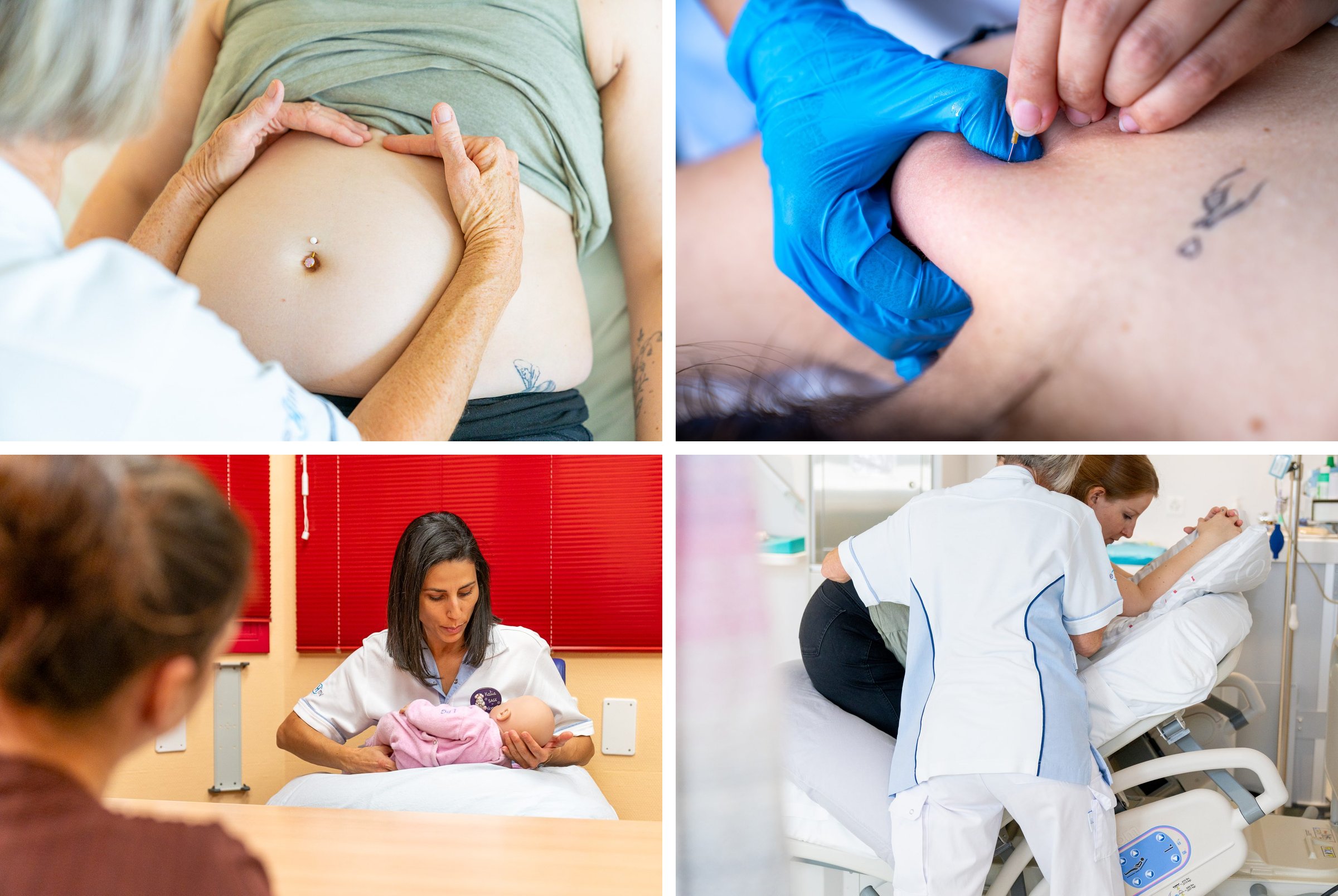 Four care gestures: a midwife's hands on a pregnant belly, a gloved dry needling treatment, a perinatal consultation and a nurse at the bedside