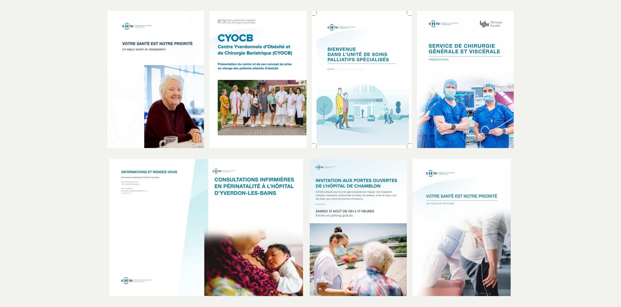 Covers of seven service brochures sharing one template