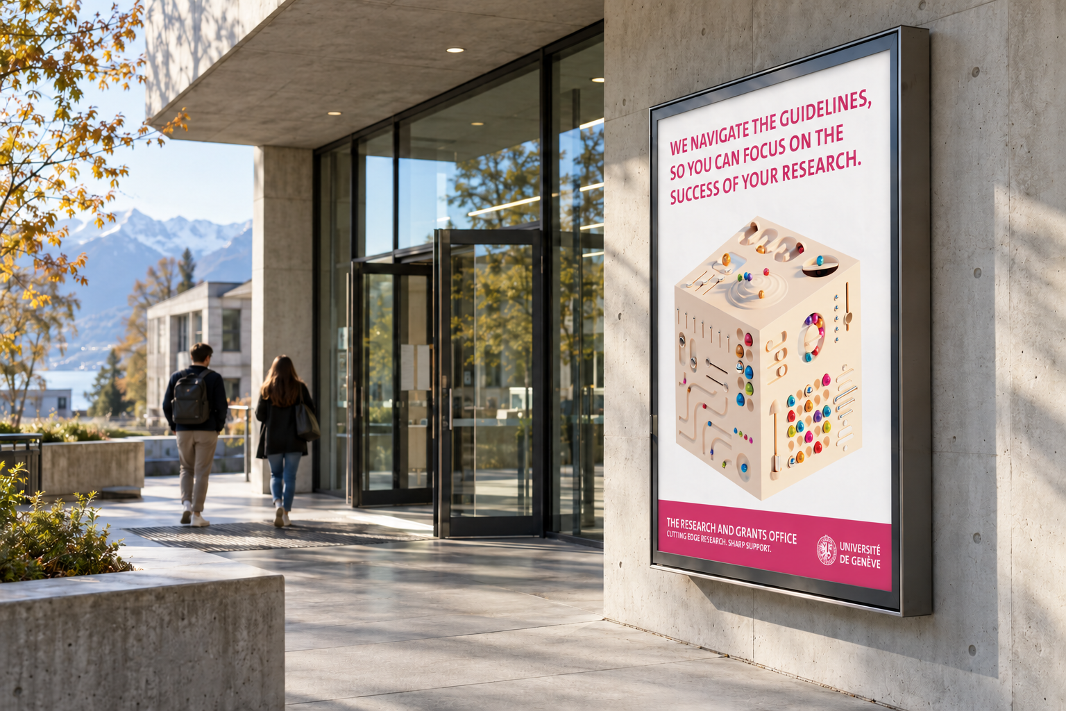 UNIGE out-of-home poster at a campus entrance