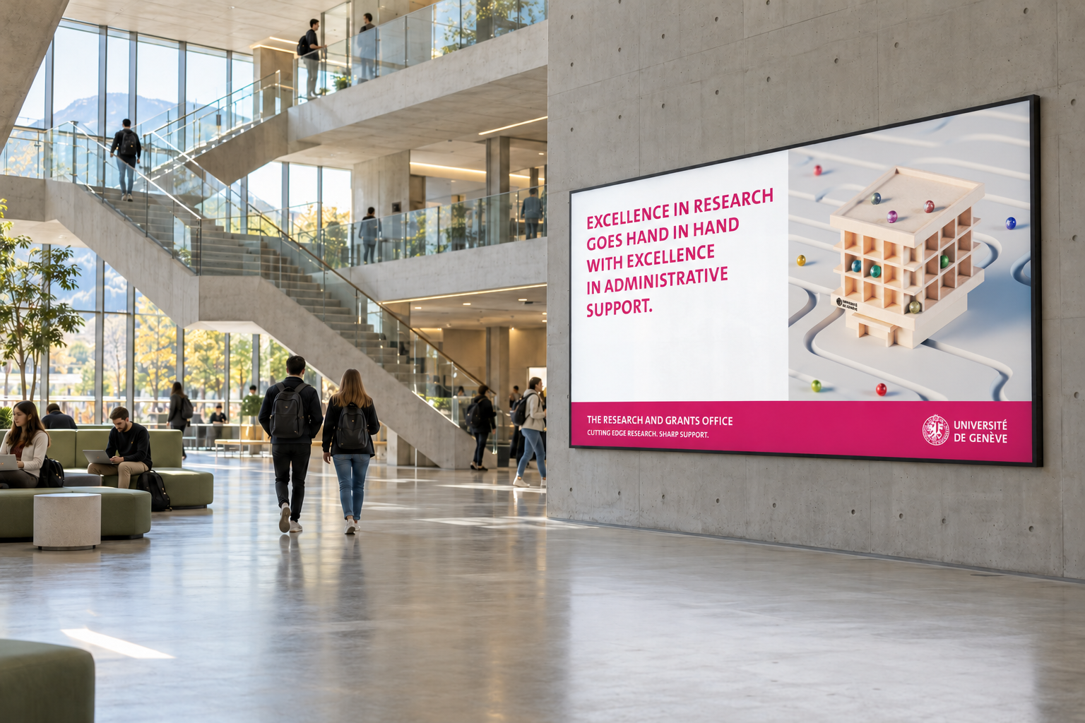 UNIGE out-of-home poster in a university atrium