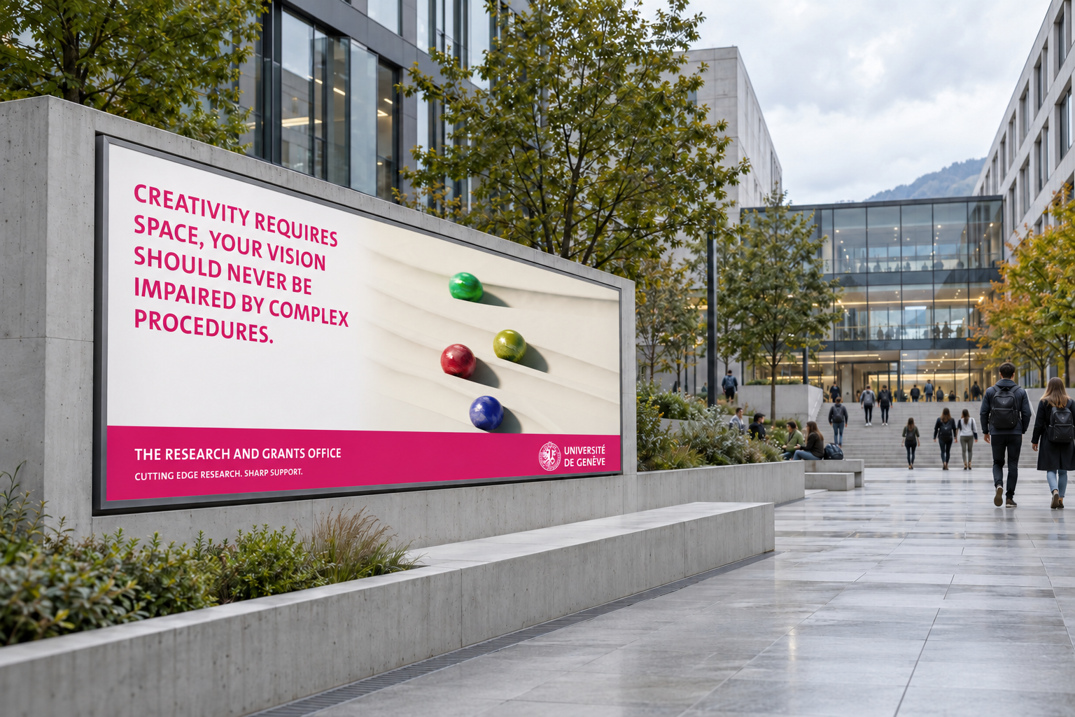 UNIGE out-of-home visual on a campus exterior