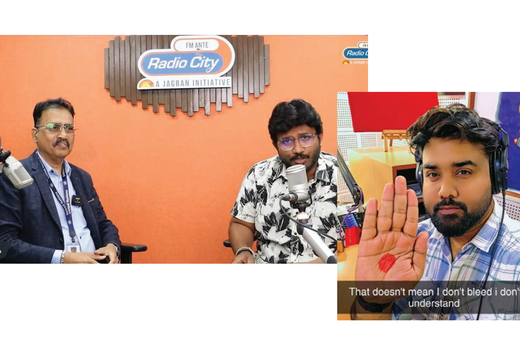 2 radio jockeys speaking into microphones for Radio City and one radio jockey with headphones showing a red dot in his palm into the camera.