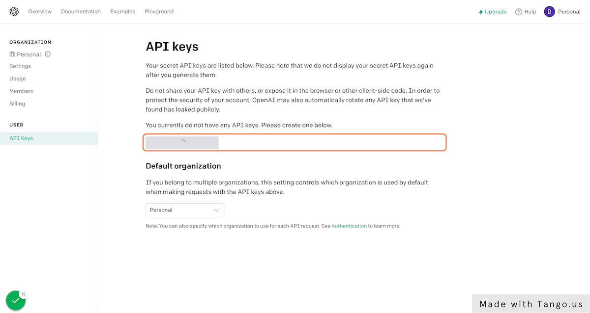 Generate a new API key and copy the created key.